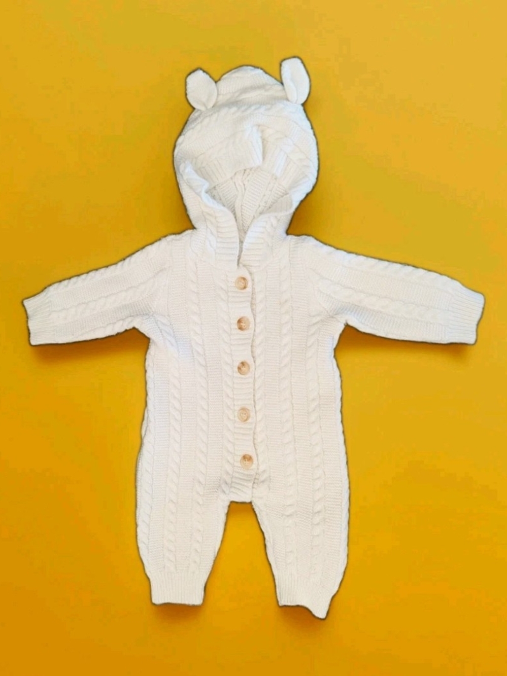 Baby White Cable Knit Hooded One-Piece with Ear Accents 0-3Months
